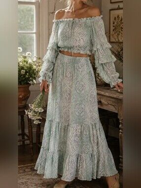 LC Lauren Conrad Cottagecore Two Piece Maxi Skirt & Ruffle Top Set M/L